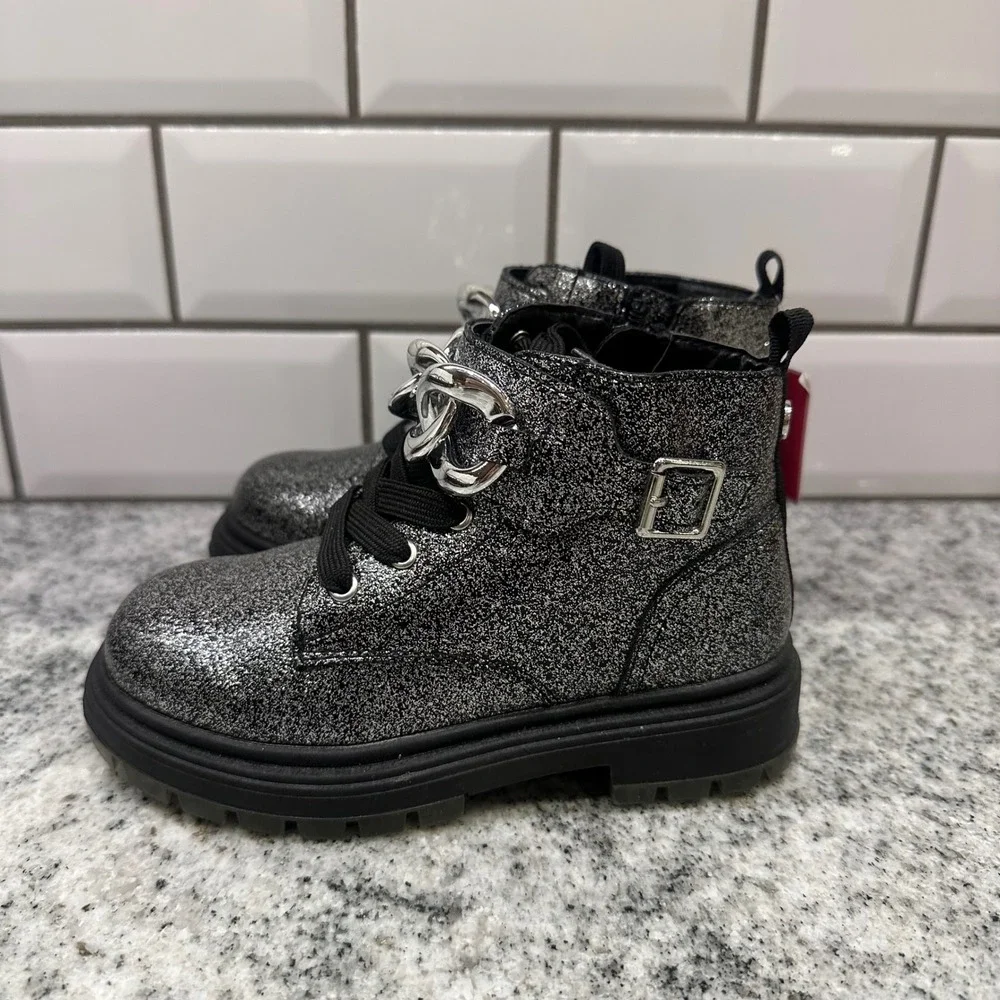 Nina Kids Size 10 Combat Boots Silver Black Glitter Chain Detail Glam Sparkle